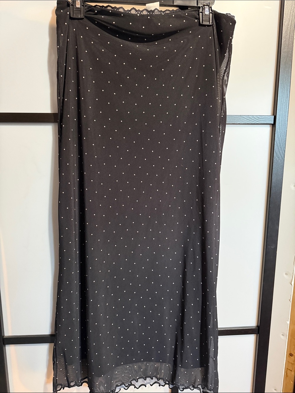 No Boundaries Black Maxi Skirt with White Polka Dots and Scalloped Hem